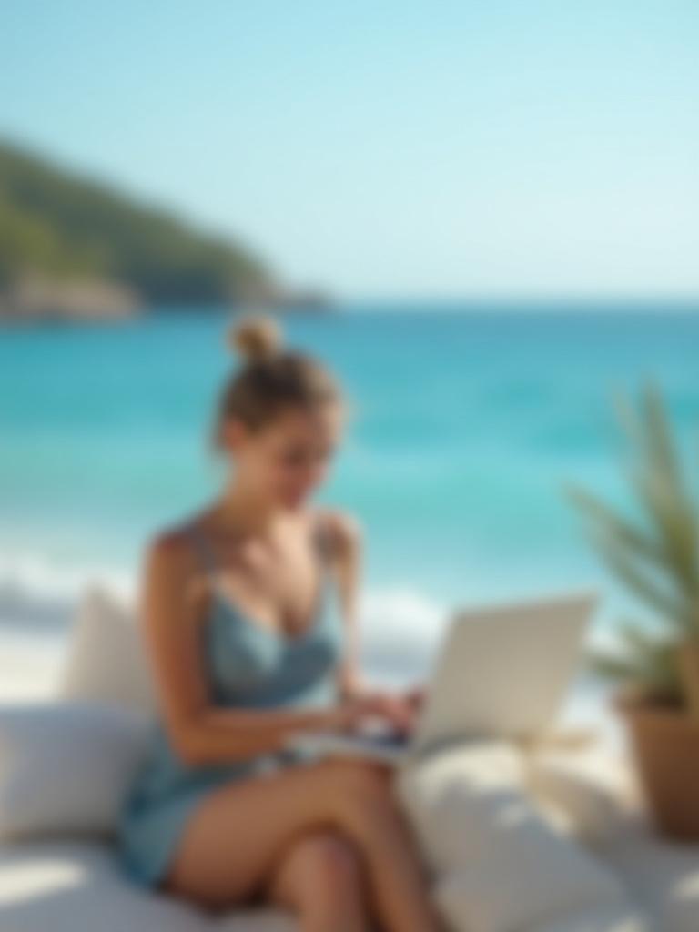 Digital nomad working in scenic coastal location with ideal weather